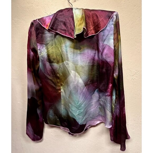 Audrey Talbott Carmel Silk Ruffle Blouse Top Size 6 Burgundy Abstract Print Boho - Picture 2 of 9